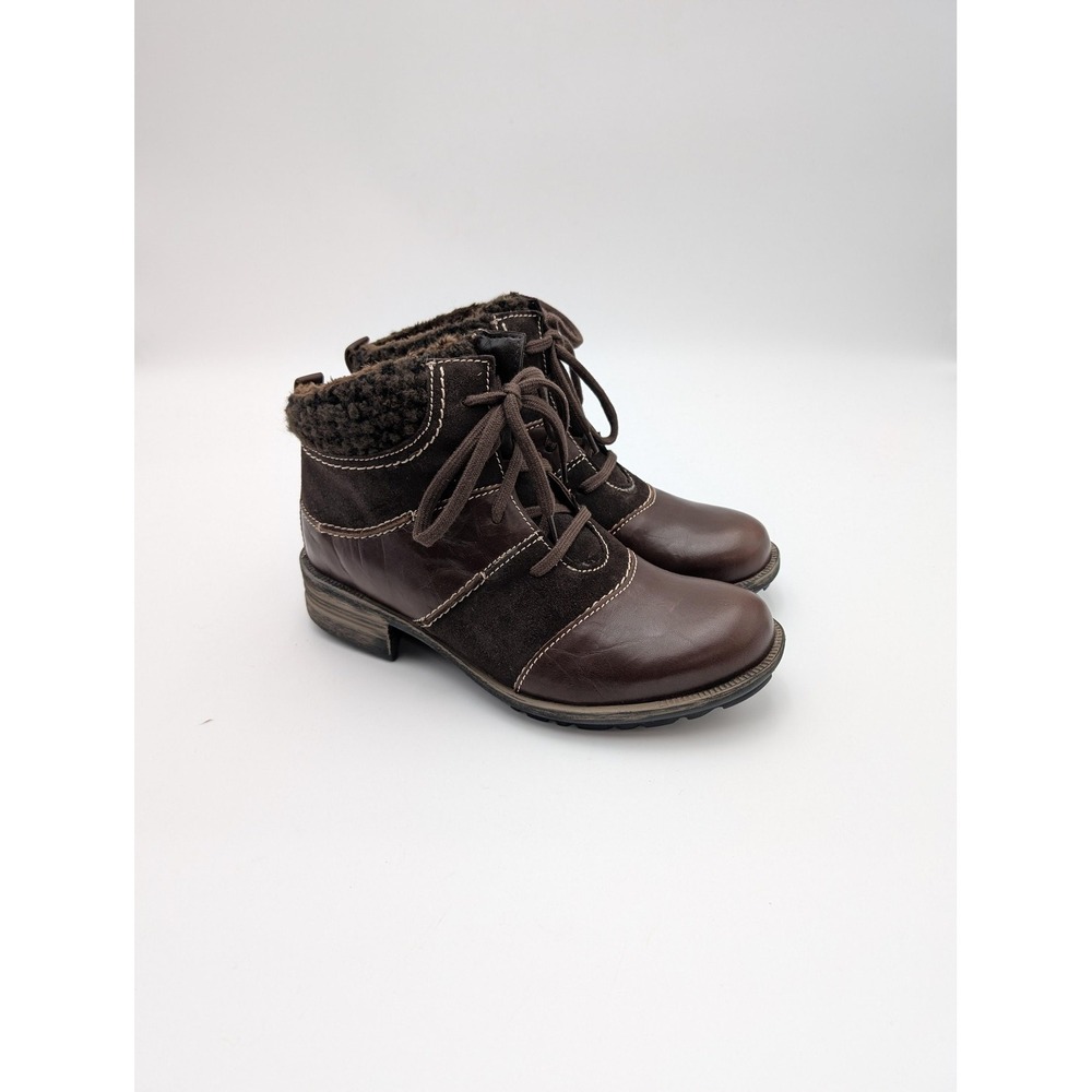 Josef Seibel‎ Boots Womens Size 6.5 Brown Leather Ankle Lace Up Faux Fur Lined